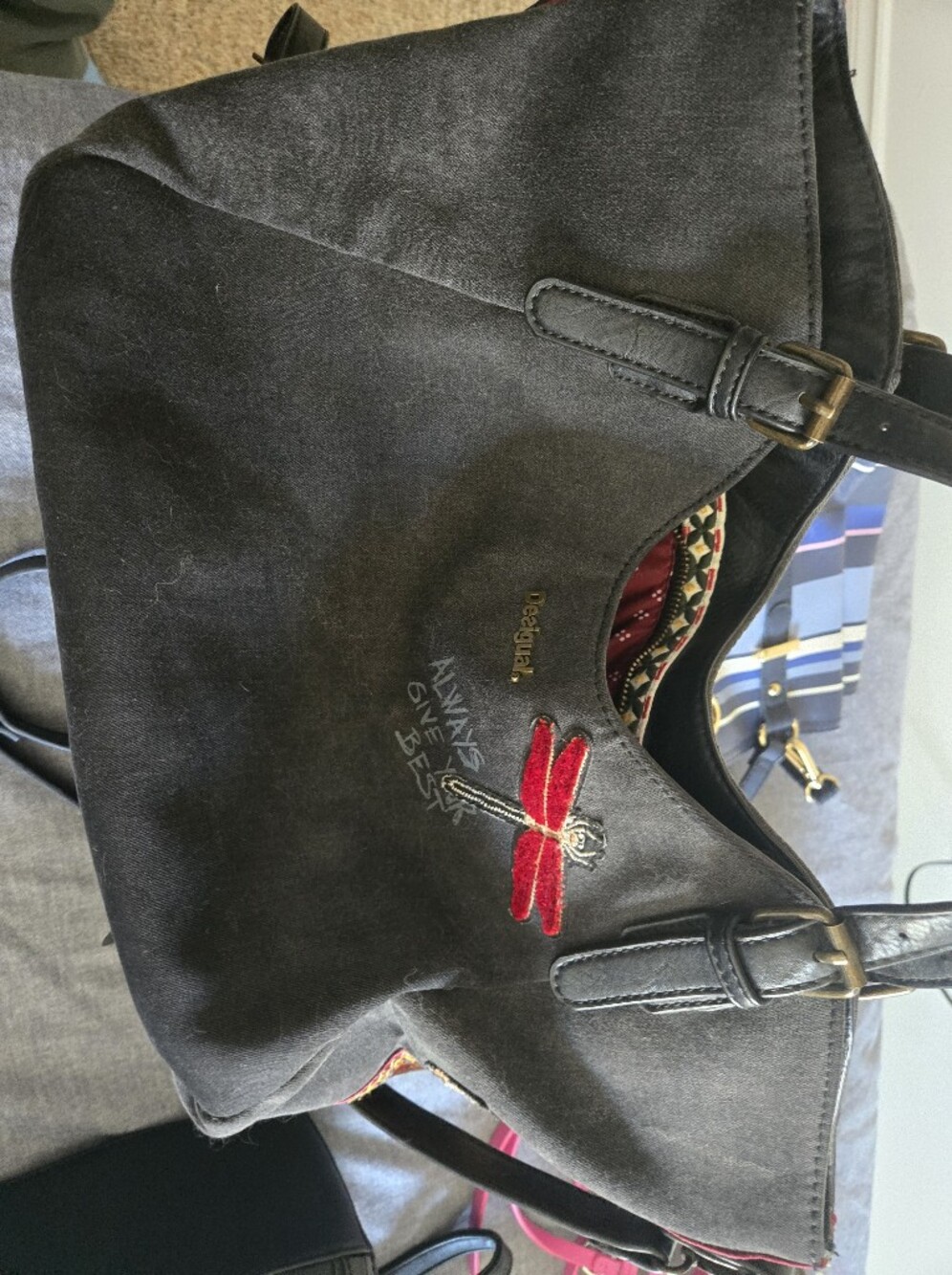 Desigual Embroidered Black Canvas Tote Bag with Floral & Animal Print - Picture 3 of 3
